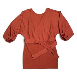 New Idem Ditto Sz L Rusty Orange Oversized 3/4 Sleeve Sweater Mini Dress V-Back